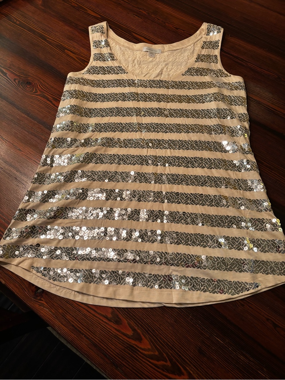Garnet Hill Beige with silver sequined  Striped Tank Top, Med, NWOT
